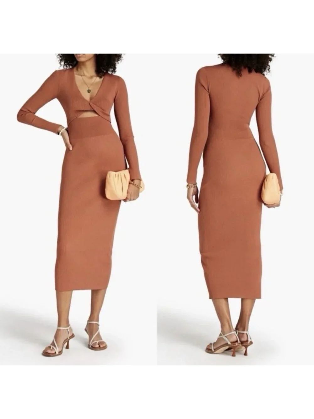 a.l.c. Authentic Madison ribbed Tan brown long sleeve v neck midi Dress Large